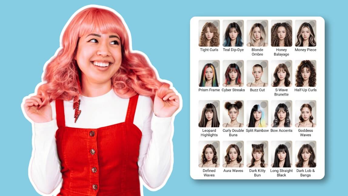 Women holding onto her pink wig, next to her a phone displaying different virtual wig options by Perfect Corp.