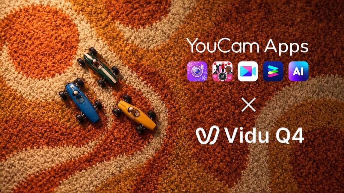 YouCam Apps × Vidu Q4 Preview banner: three vintage toy race cars on an orange retro rug next to the YouCam Perfect, Makeup, Video, Enhance and AI Pro app icons