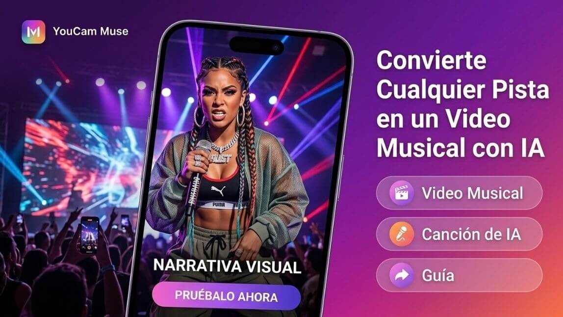 Pantalla de la app YouCam Muse que muestra el feed Explorar y el selector de estilo de MV con IA para crear un video musical con IA