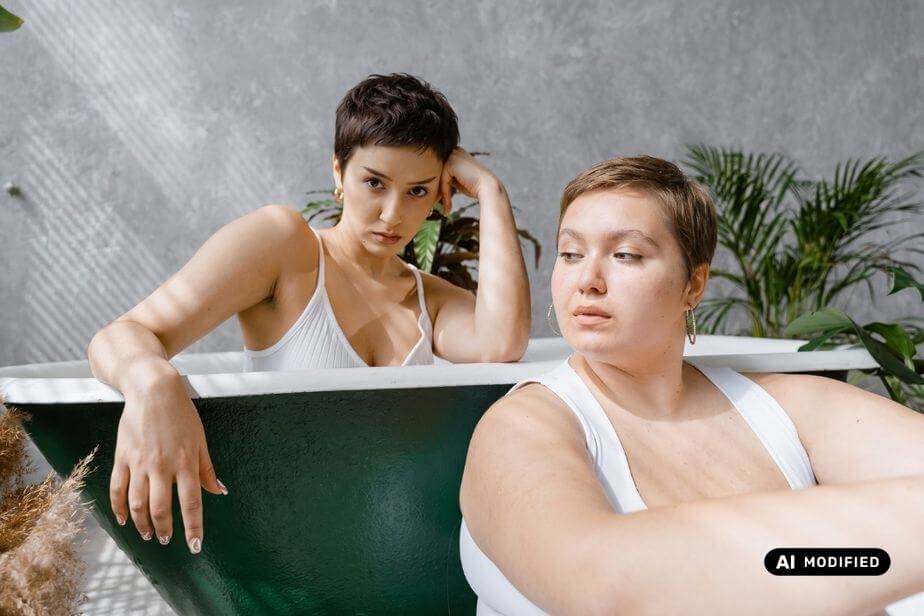 Photo by MART PRODUCTION AI-modified image of two women with pixie cuts in a bathtub indoor, surrounded by plants.