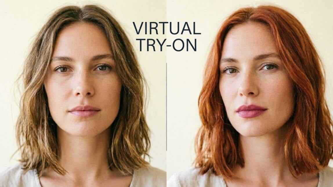 Before and after AI makeup and hair color virtual try-on