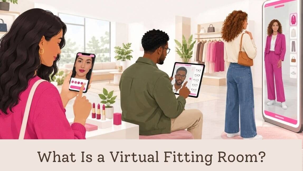Virtual fitting room previews of makeup, glasses and clothing on phone and mirror screens