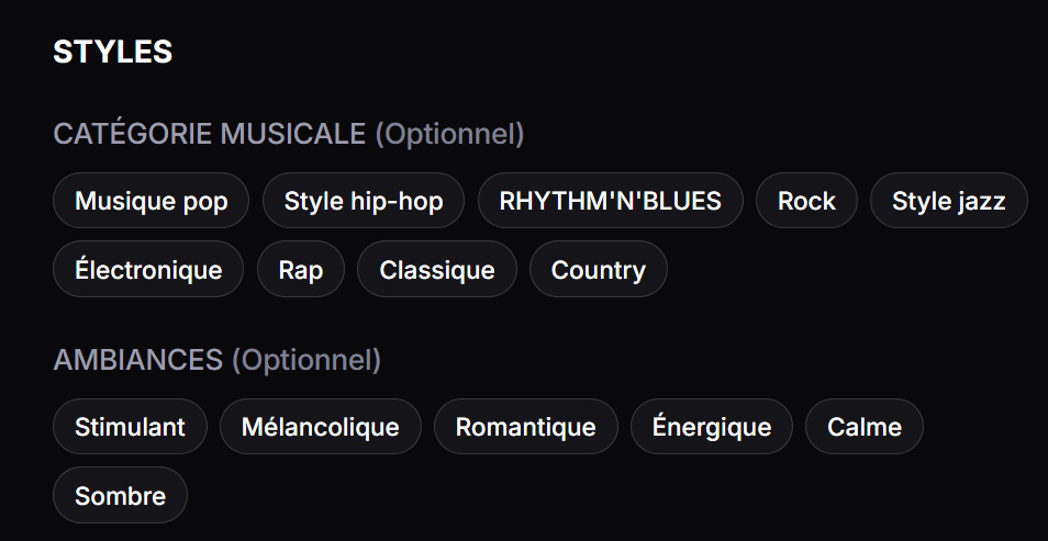 Style de musique et ambiance pour la création de chanson IA et clip IA dans YouCam Muse