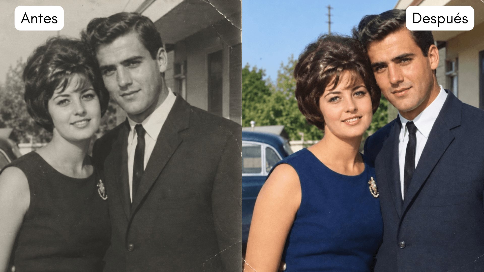 Foto coloreada antes y después Pareja en una foto antigua: a la izquierda en blanco y negro ("Antes") y a la derecha coloreada ("Después")