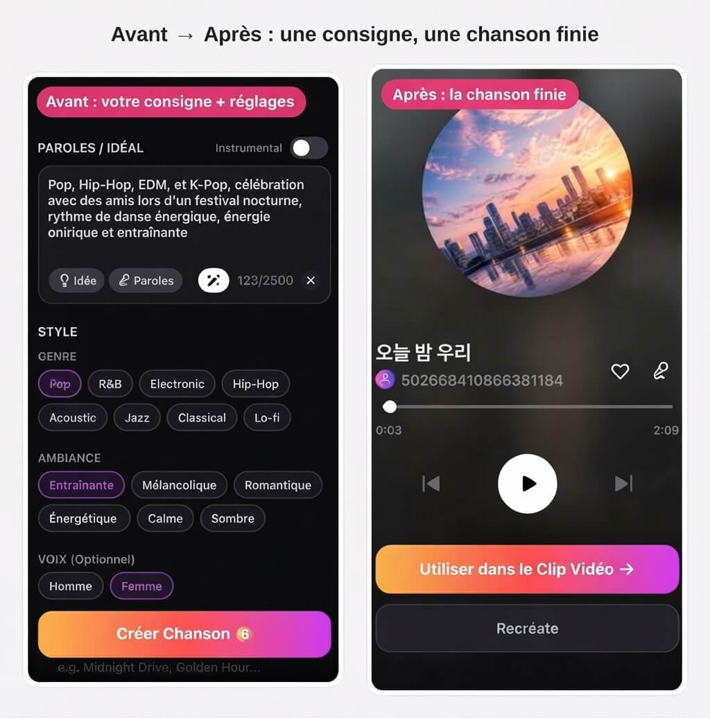 Avant/après dans YouCam Muse : un prompt d’une ligne pour la chanson avec les réglages de genre et d’humeur, et le résultat final de la chanson IA générée