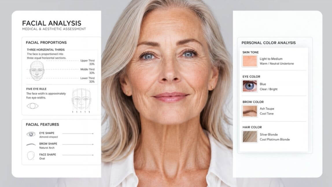 AI face analysis showing facial proportions and personal color analysis for a medspa consultation