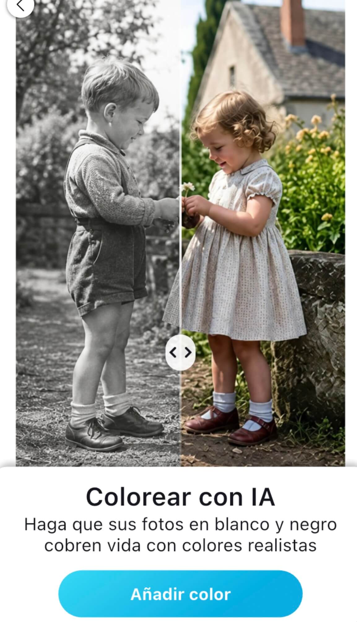 Comparación de una foto familiar en blanco y negro y coloreada con IA, con el texto "Colorear con IA" Comparación de una foto familiar en blanco y negro y coloreada con IA, con el texto "Colorear con IA"