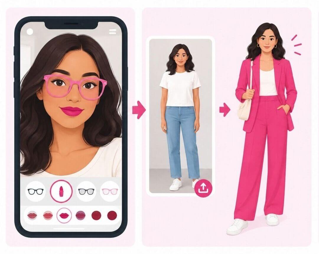 Diagram of virtual fitting room formats: live AR try-on, and photo-based AI try on.