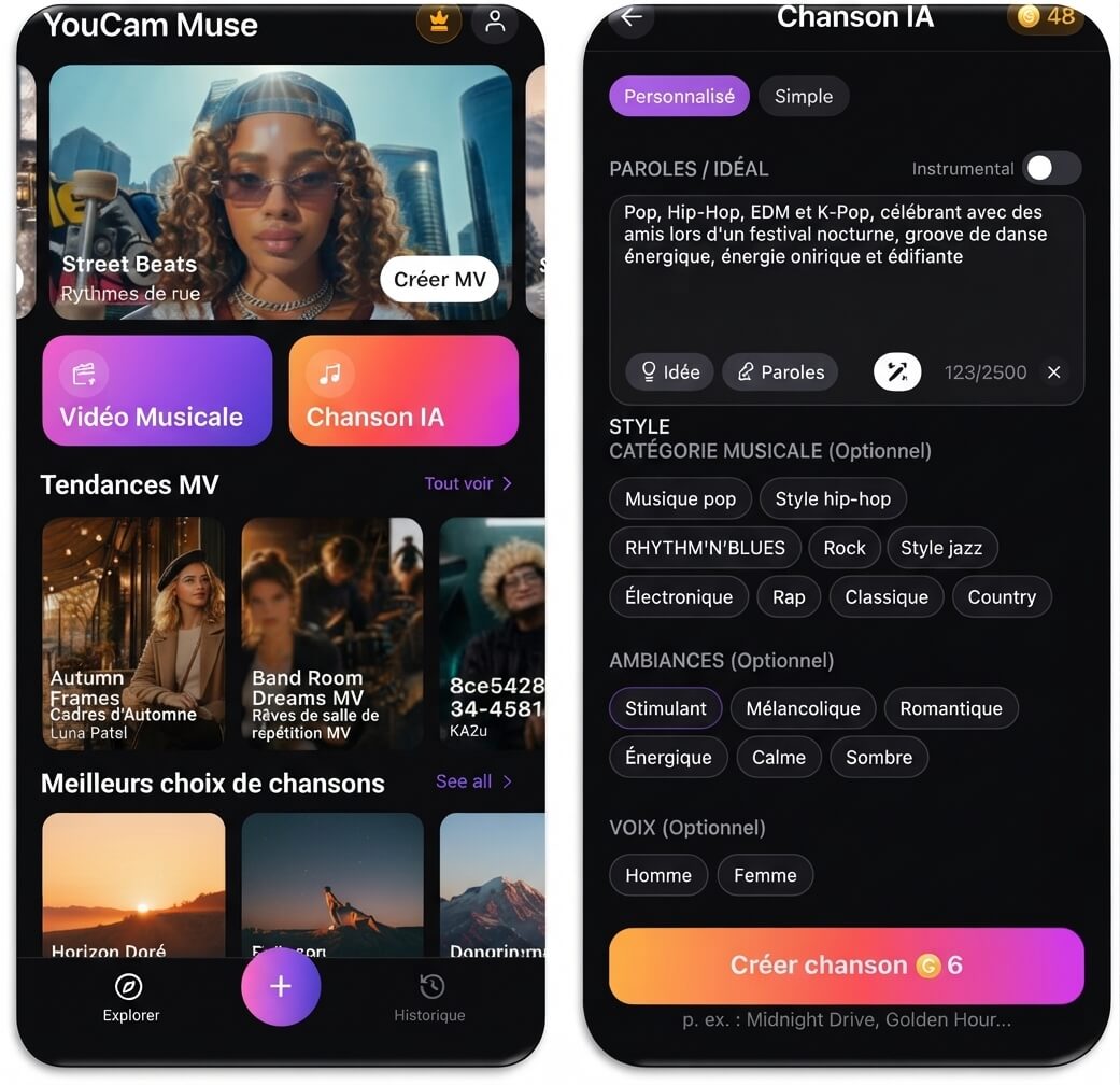 Écran d’accueil de YouCam Muse avec les boutons Music Video et AI Song, à côté de l’écran AI Song Custom affichant la zone Lyrics / Idea, l’interrupteur Instrumental, et les options de genre et d’humeur