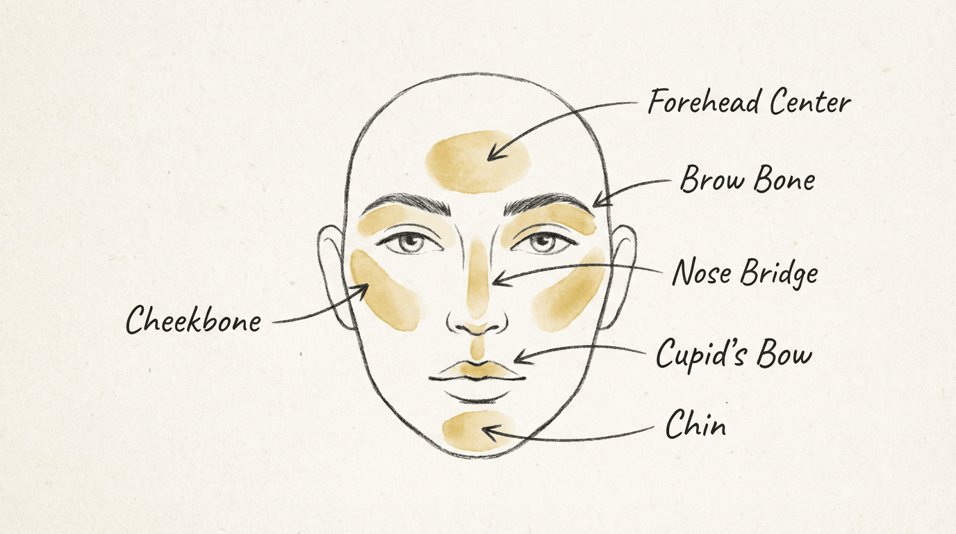 A full face diagram showing highlight zones Full face highlighter placement map with every highlight zone marked
