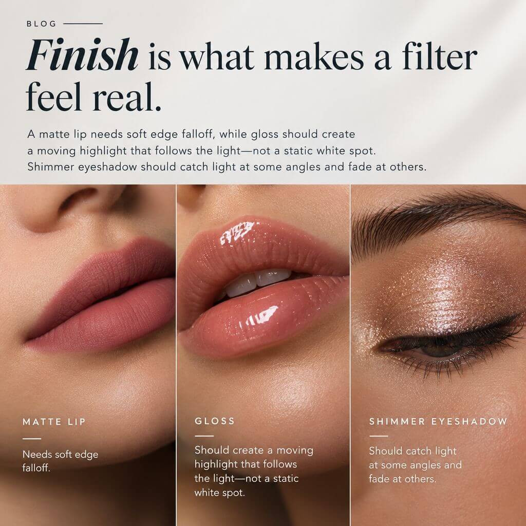 Tune Finish, Opacity, and Texture Comparison of makeup finishes and opacity levels on a model