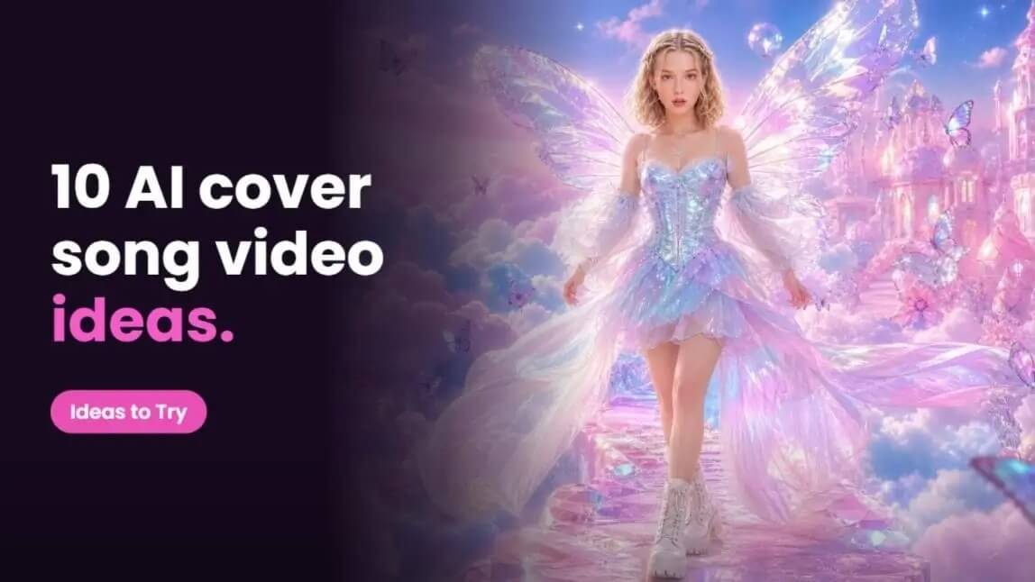 Banner do YouCam Muse com tela de criação de videoclipe com IA, seleção de música, descrição do vídeo e foto de personagem.