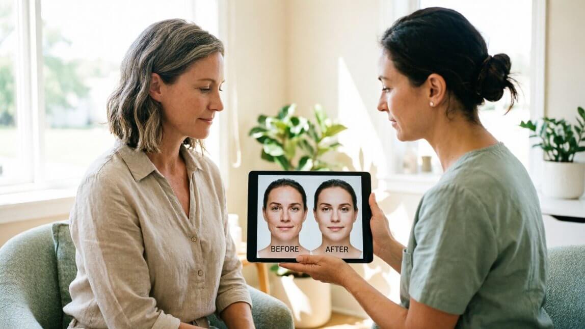 AI aesthetic simulation showing a before and after treatment preview in a medspa consultation