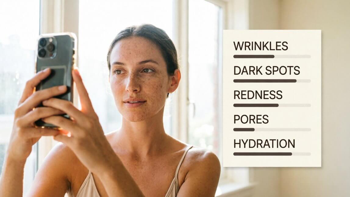 AI Skin Diagnostic API analyzing wrinkles, dark spots, redness, pores and hydration from a selfie