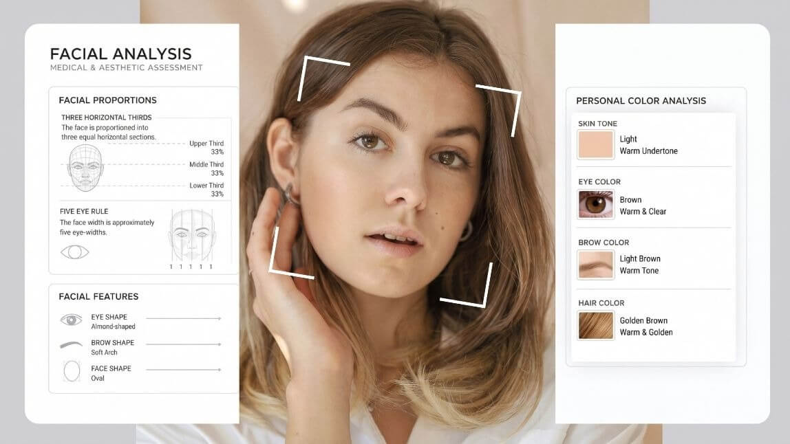 Face report of a woman that looks into facial proportions, face features and personal color analysis.