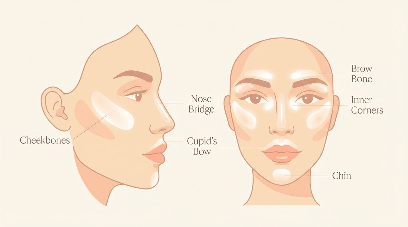 Common highlighter placement zones for a balanced glow. Common highlighter placement zones for a balanced glow.