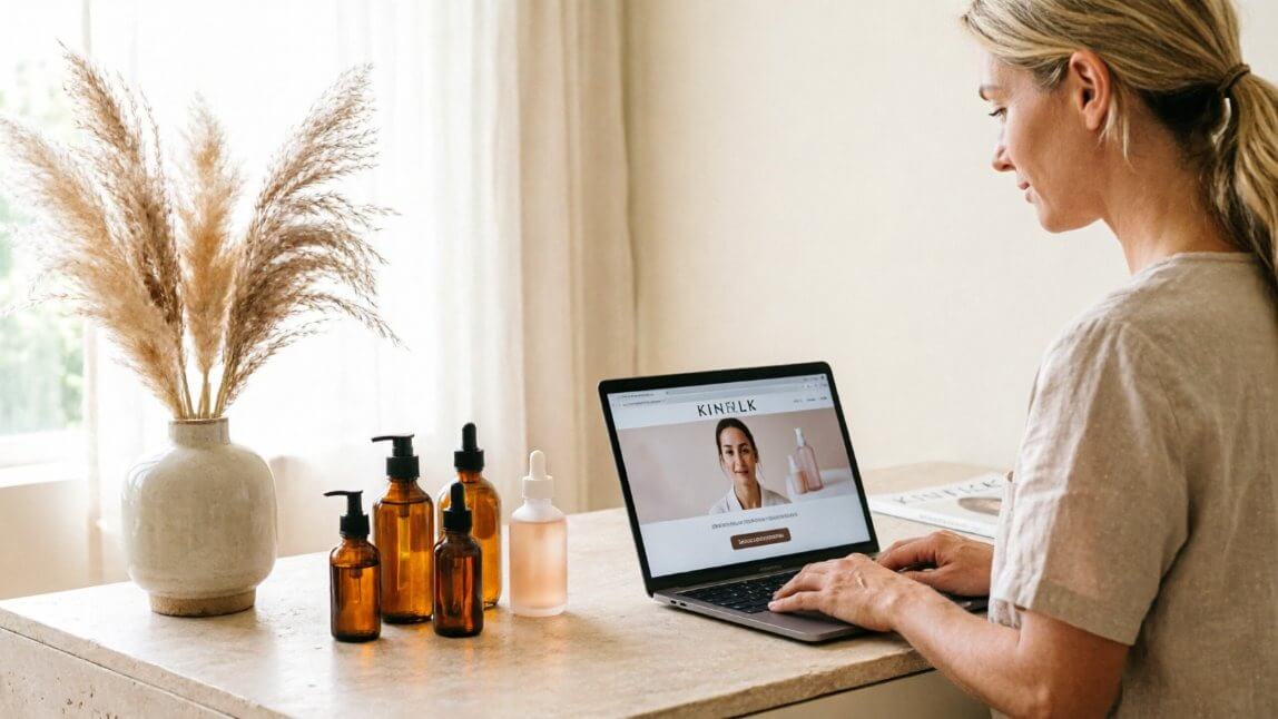 Esthetician reviewing a skincare brand website in a medspa studio