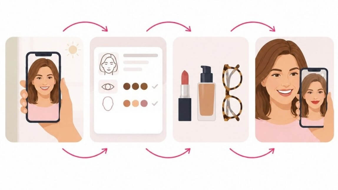 Four-step face report journey from photo to feature insights, product recommendations and virtual try-on
