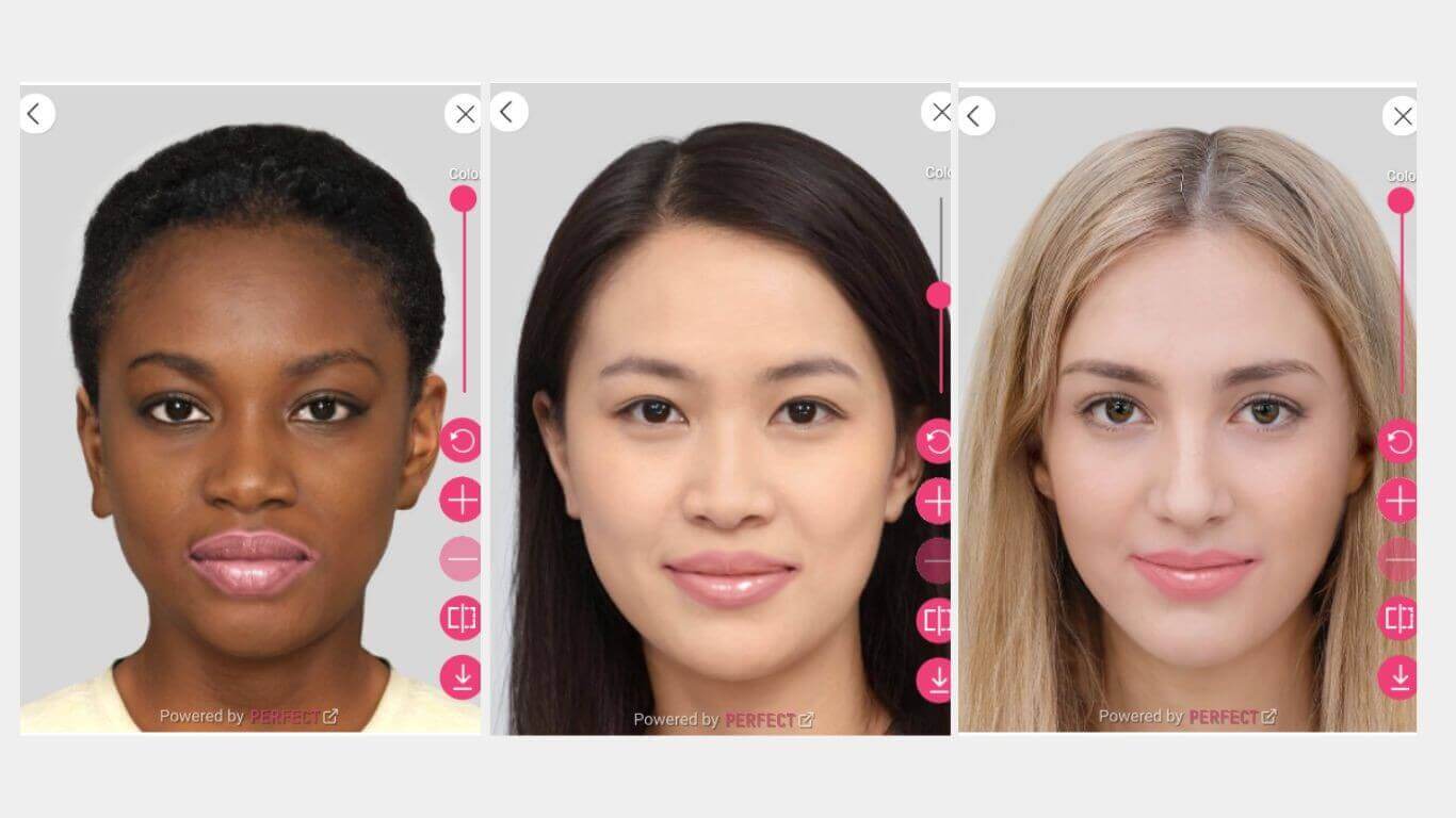 Three women trying the virtual lipstick try on by Perfect Corp.