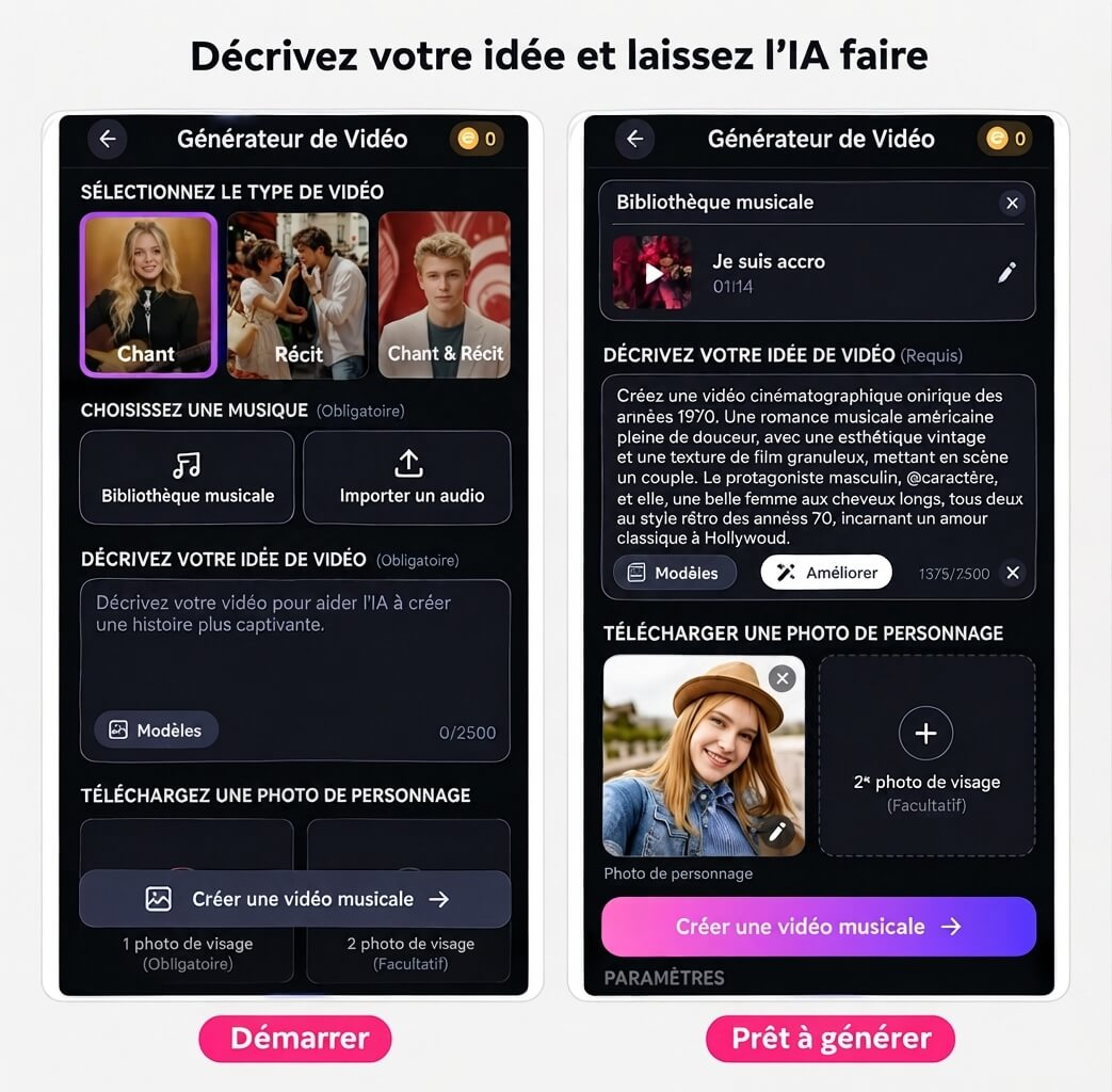 Interface du site de génération de clip et musique IA : YouCam Muse