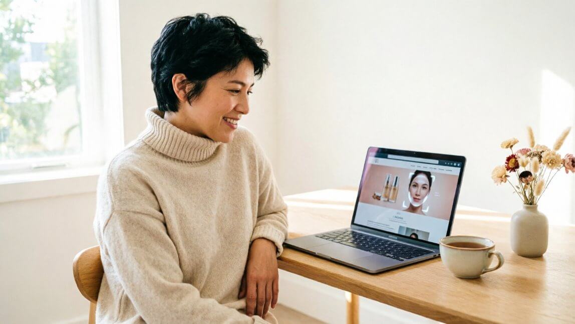 Business owner reviewing a finished skincare website with an AI face scan widget
