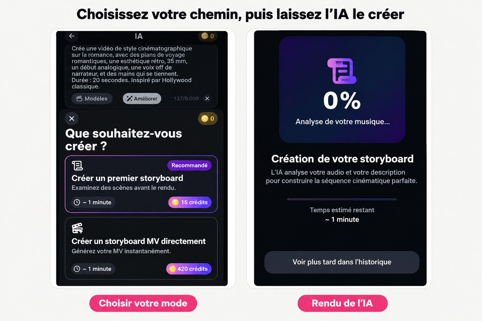 Choisir entre Créer un storyboard d’abord et Créer un MV directement, puis l’écran de progression du rendu IA