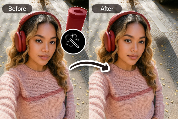 Remove unwanted objects from screenshot selfies with AI Object Removal tool. Try the AI Object Removal tool to clean up screenshot selfies.