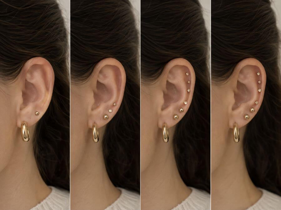 Ear stacks with two, three, four and five earrings graduated from lobe to helix
