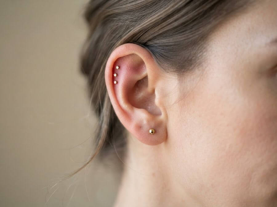 Helix line ear stack with three micro studs up the rim