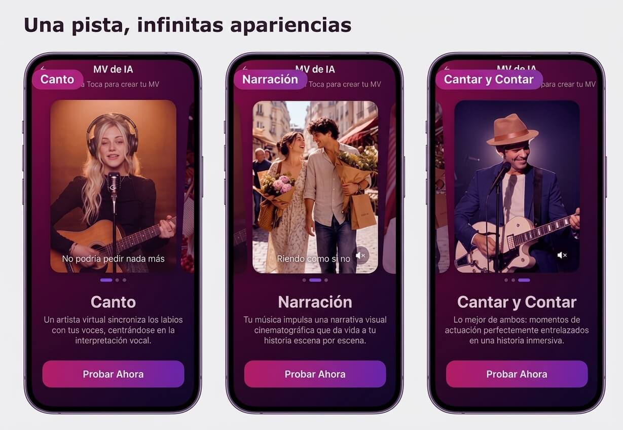 Resultados de estilos de video Canto, Narrativa y Canto e historia en el Generador de Videos Musicales con IA de YouCam Muse