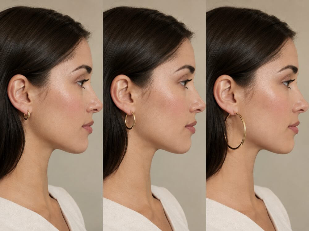 The same woman wearing a gold huggie, a 30 mm hoop and a 50 mm hoop