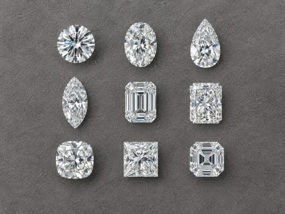 Nine 1 carat diamond shapes compared side by side: round, oval, pear, marquise, emerald, radiant, cushion, princess and asscher