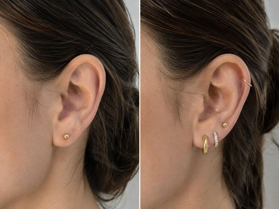 A single lobe stud compared with a curated ear stack on the same ear