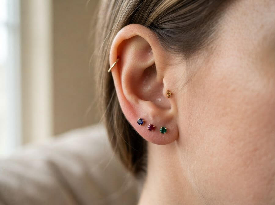 Birthstone ear stack with sapphire, ruby and emerald studs
