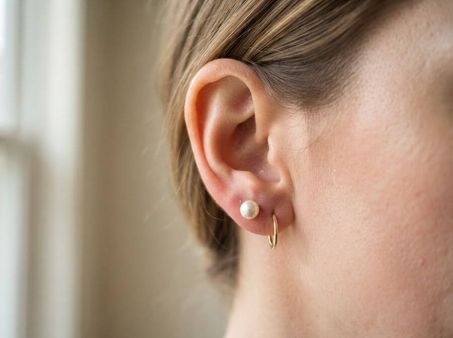 Pearl stud and gold huggie ear stack