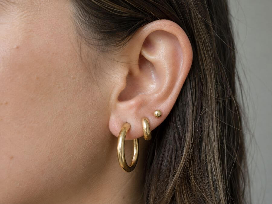 Everyday gold staircase ear stack with hoop, huggie and ball stud