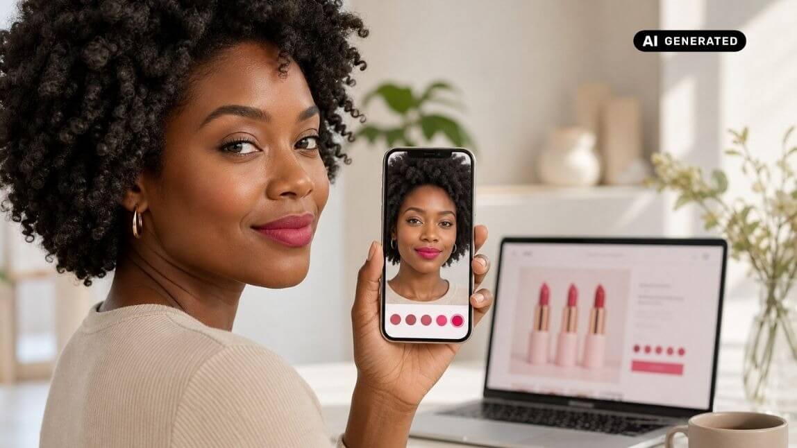 Shopper using a makeup simulator on a phone to preview lipstick shades before buying online