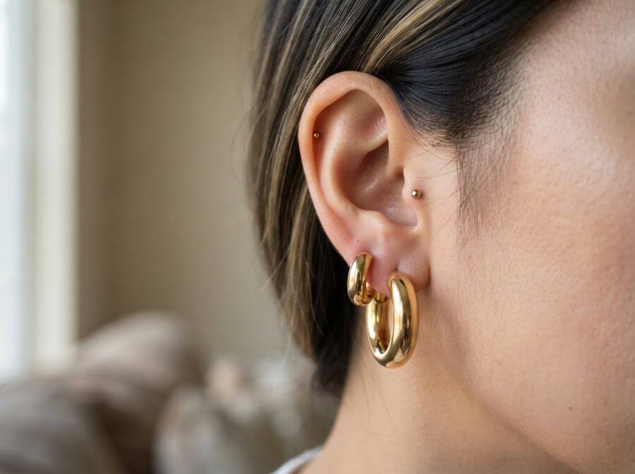Chunky gold hoop and thick huggie ear stack