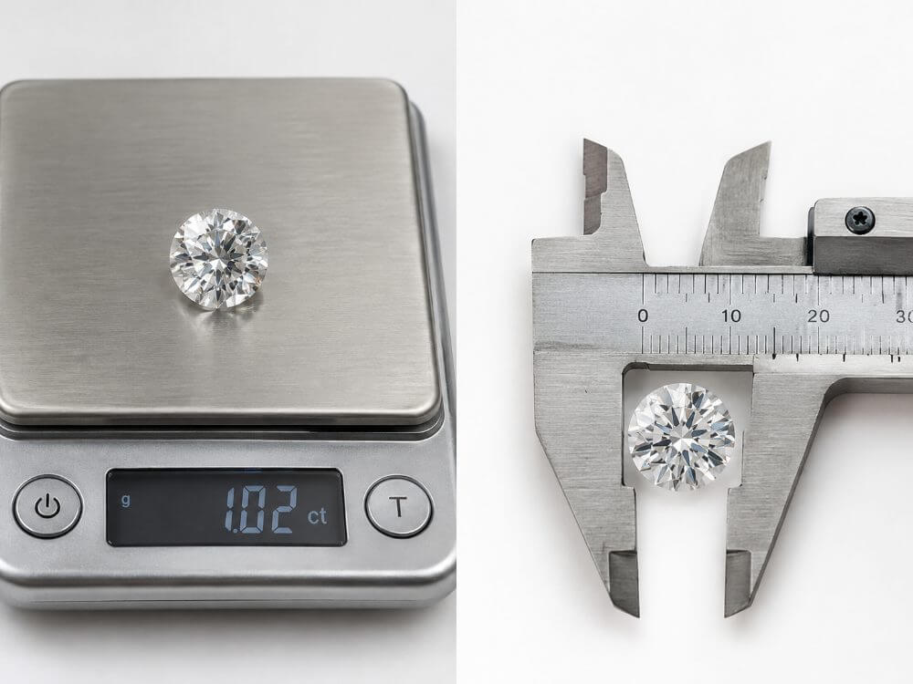 A 1 carat diamond on a jewelry scale next to the same stone measured with a caliper