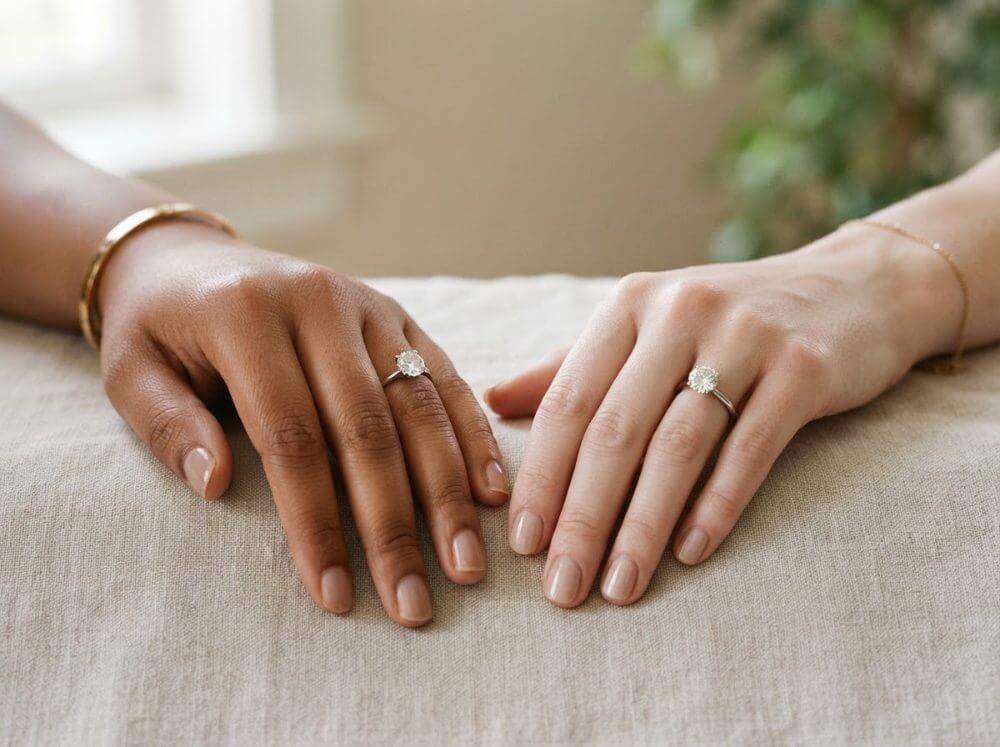 The same 1.5 carat diamond ring on a slender finger and a wider finger
