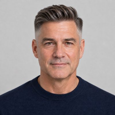 Short Pompadour fade haircut on a man over 50, AI preview made with YouCam