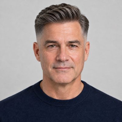 Pompadour (Drop Fade) fade haircut on a man over 50, AI preview made with YouCam