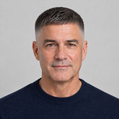 Short Caesar Cut fade haircut on a man over 50, AI preview made with YouCam
