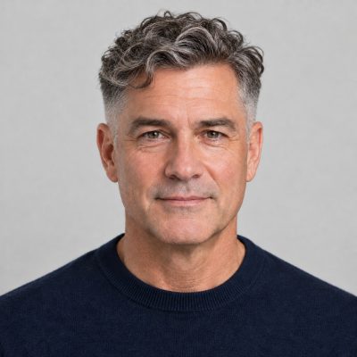 Textured Curly Flow fade haircut on a man over 50, AI preview made with YouCam