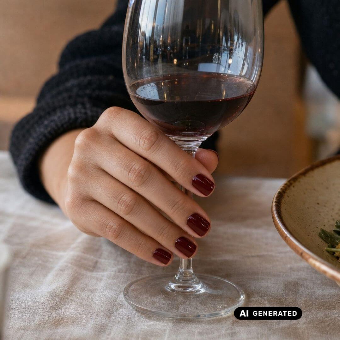 Hand mit kurzen weinroten Nägeln, die ein Weinglas am Stiel hält