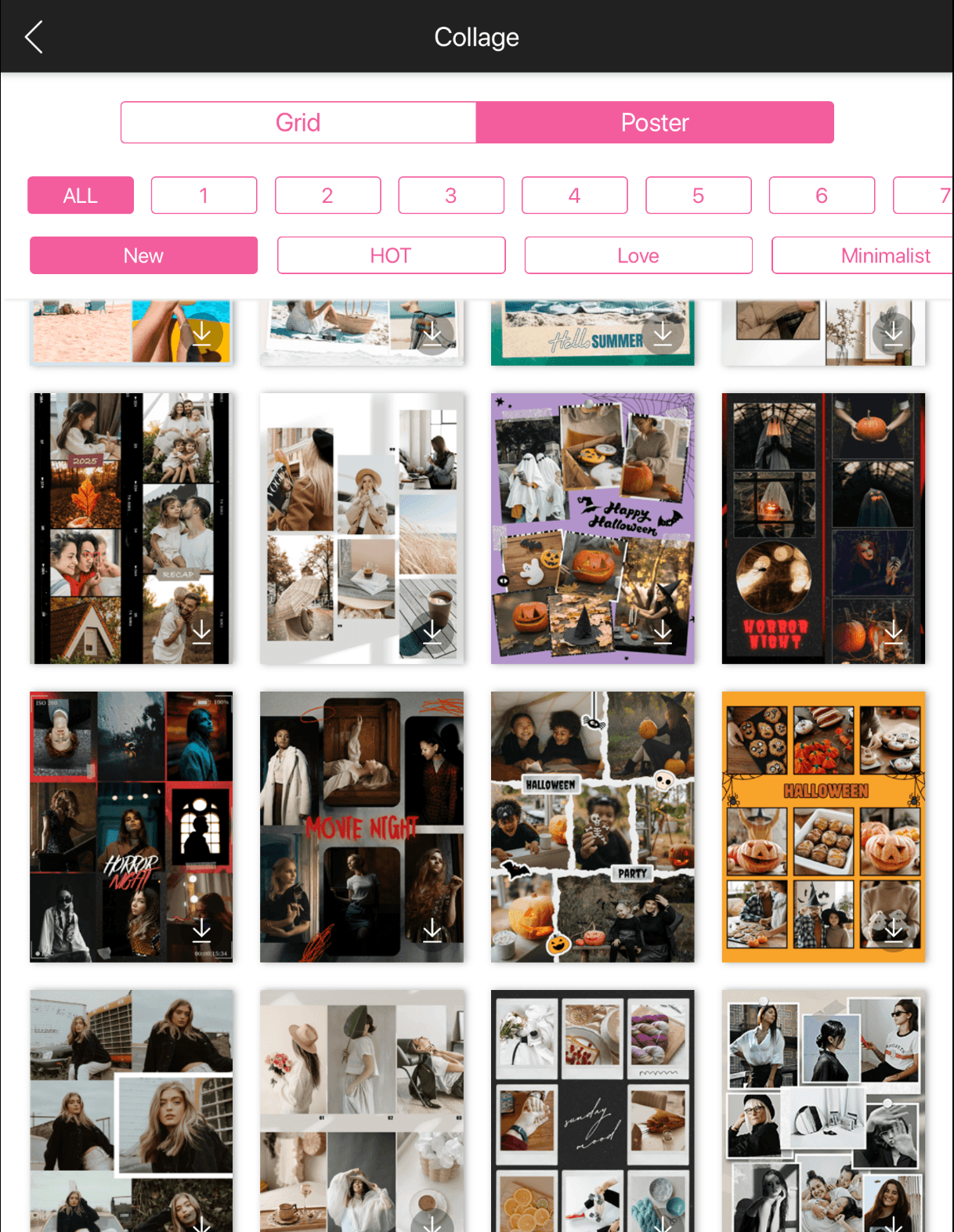 Catálogo de plantillas de collage en YouCam Makeup filtrado por número de fotos