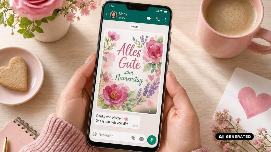 Namenstag-Wünsche für WhatsApp: Smartphone mit persönlichem Grußbild in einem Chat