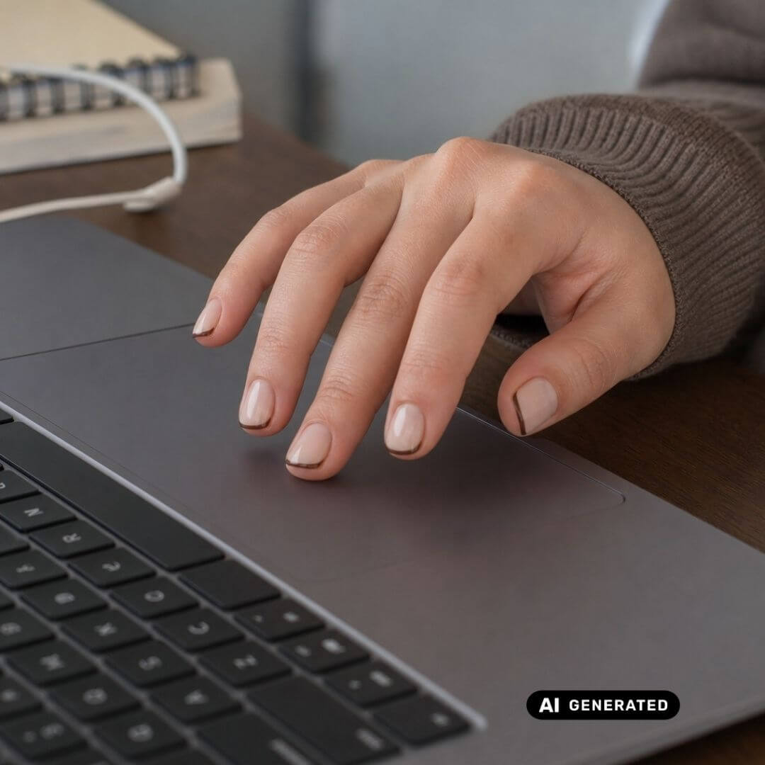 Hand auf einem Laptop-Trackpad mit milchig-beigen Nägeln und schmalen espressobraunen French-Spitzen
