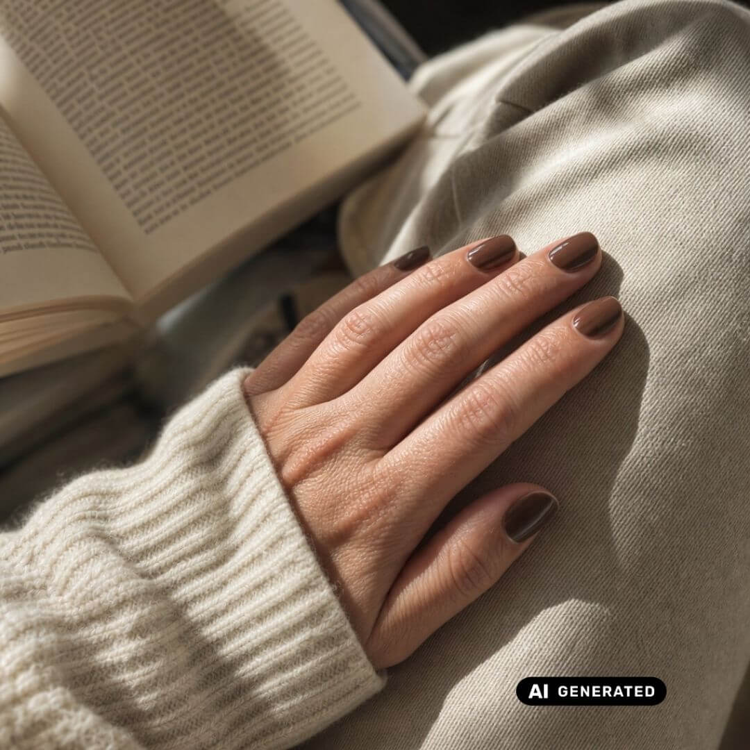 Hand mit kurzen, glänzend schokobraun lackierten Nägeln neben einem offenen Buch