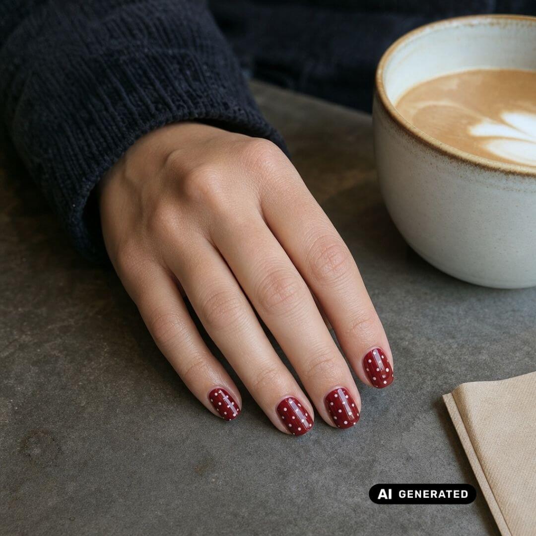 Kurze dunkelrote Nägel mit kleinen cremeweißen Punkten neben einer Kaffeetasse